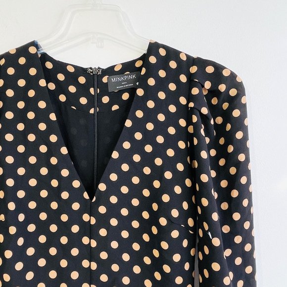 Mink Pink Mini Dress Small Ayat Ruched Polka Dot Ruched Ruffle Hem Long Sleeve - Picture 5 of 15